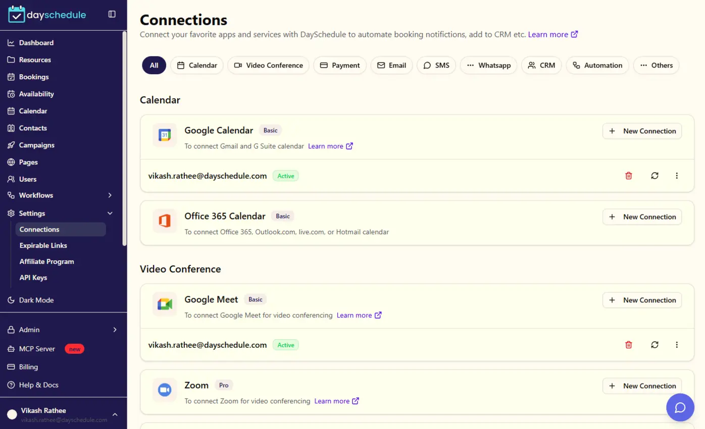 Dayschedule calendar integrations page with Google, Outlook and other calendar connections