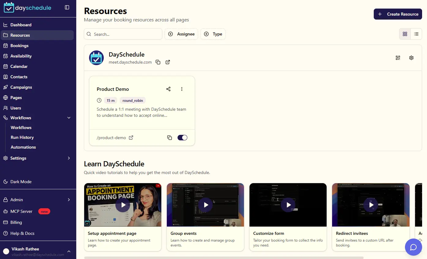 Dayschedule events list showing all event types with options to edit, copy link or disable