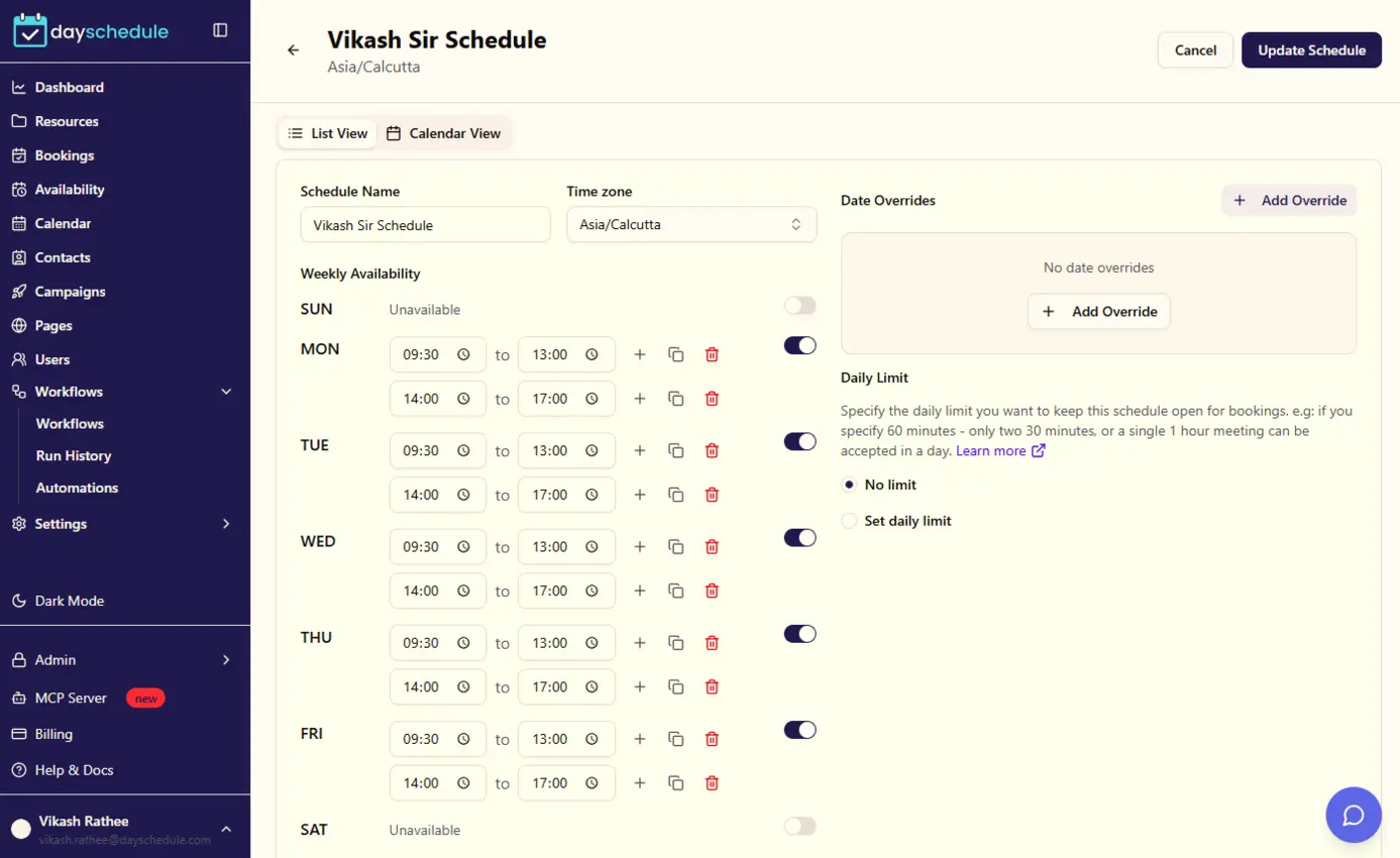 Dayschedule weekly working hours editor with time slots for each day