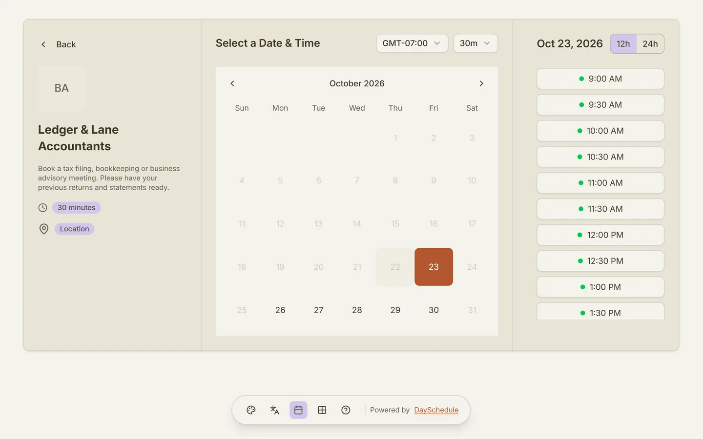 Accounting booking page created with DaySchedule
