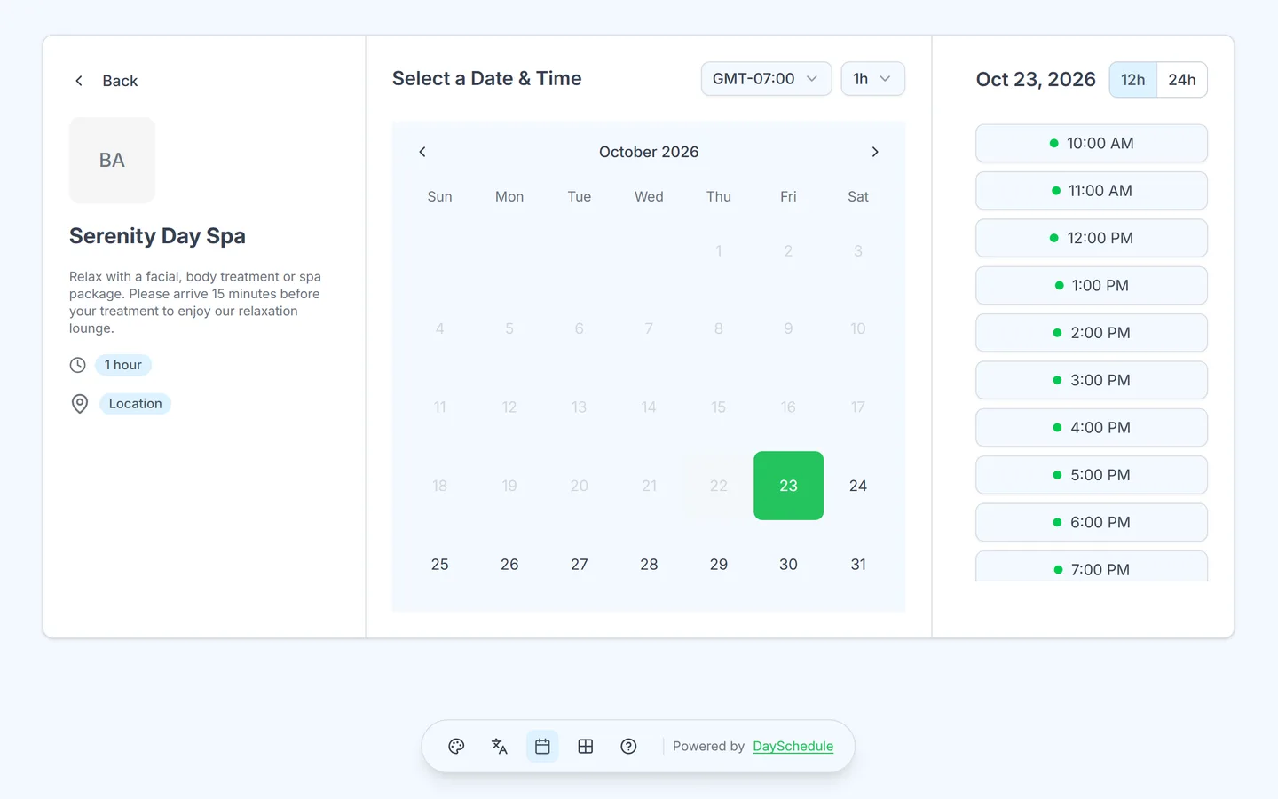 Spa booking page created with DaySchedule