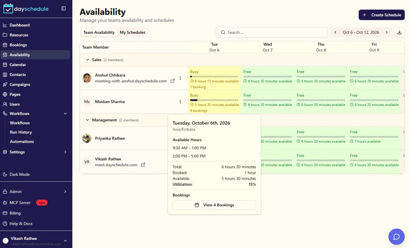 Dayschedule team availability view showing combined free slots across team members